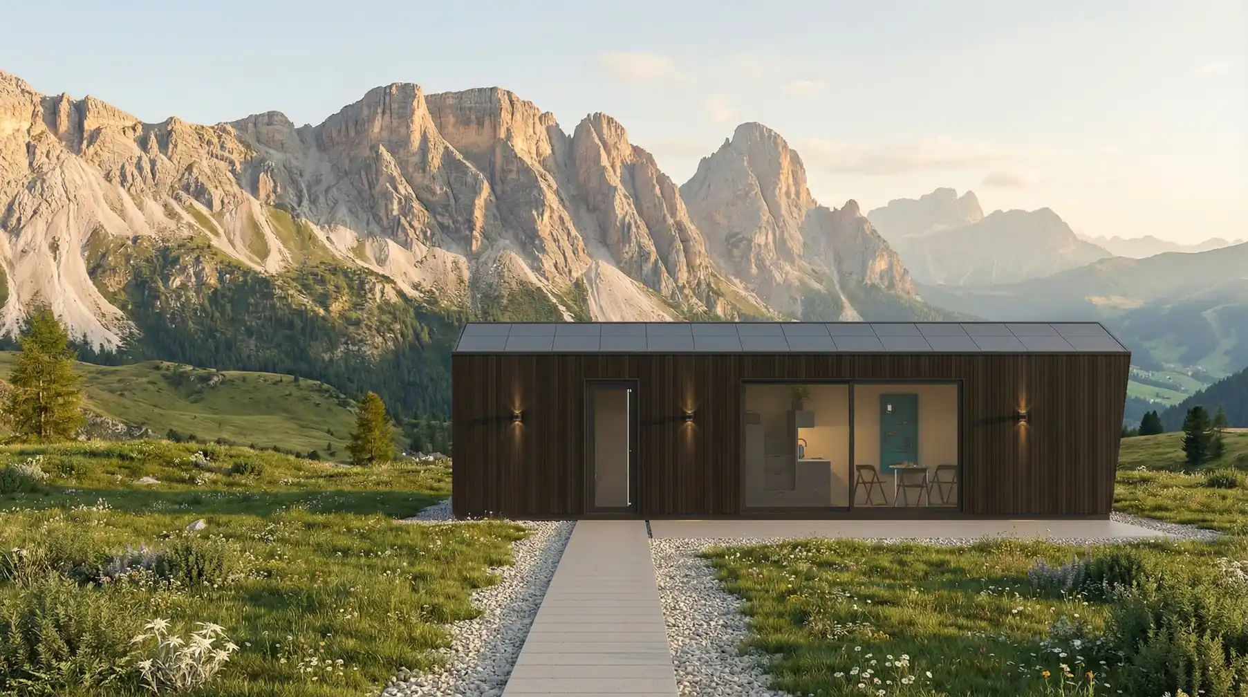 Alpina compact modular home front facade with panoramic glazing