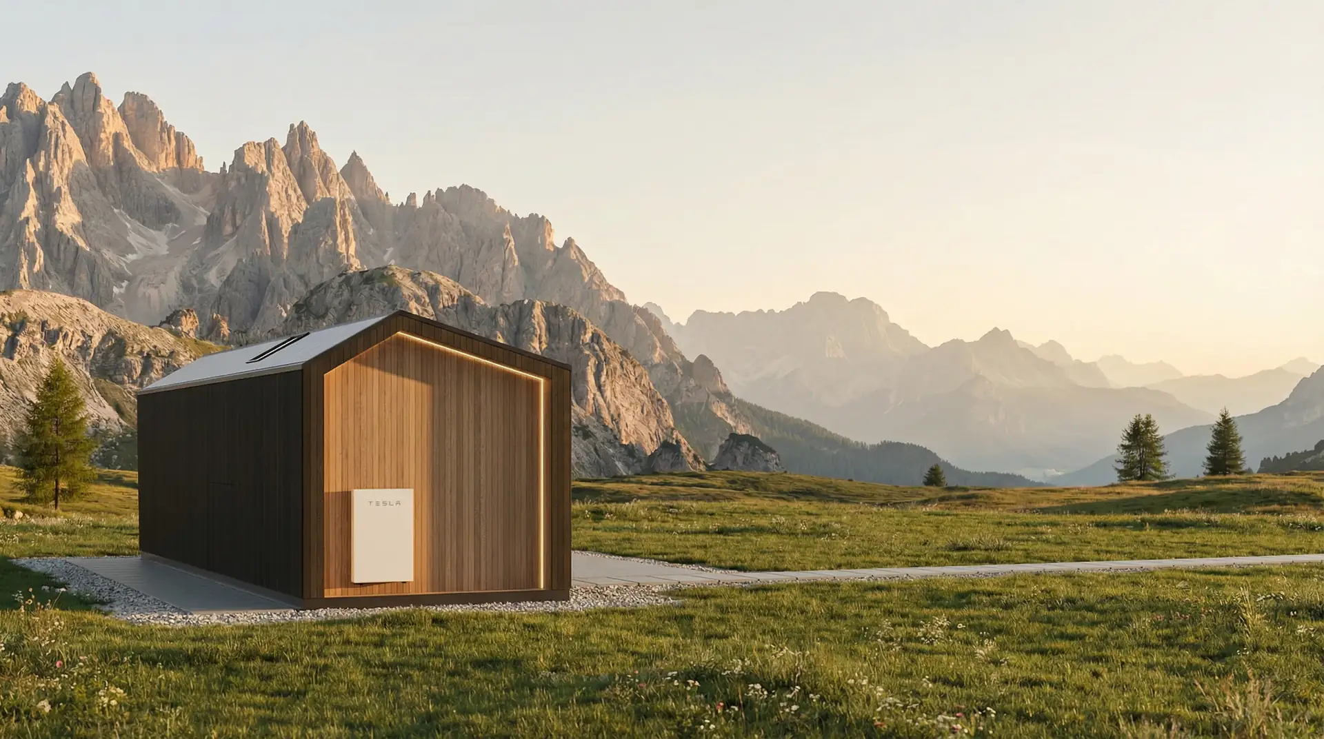 Alpina side facade with off-grid battery and service storage