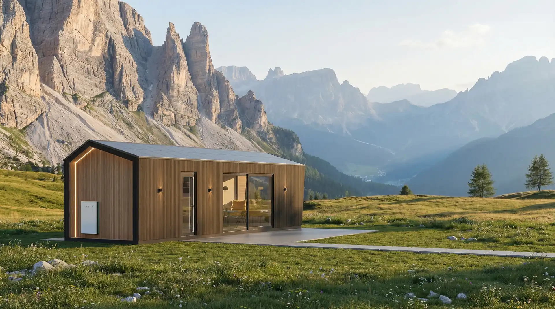 Alpina modular home exterior with warm facade lighting
