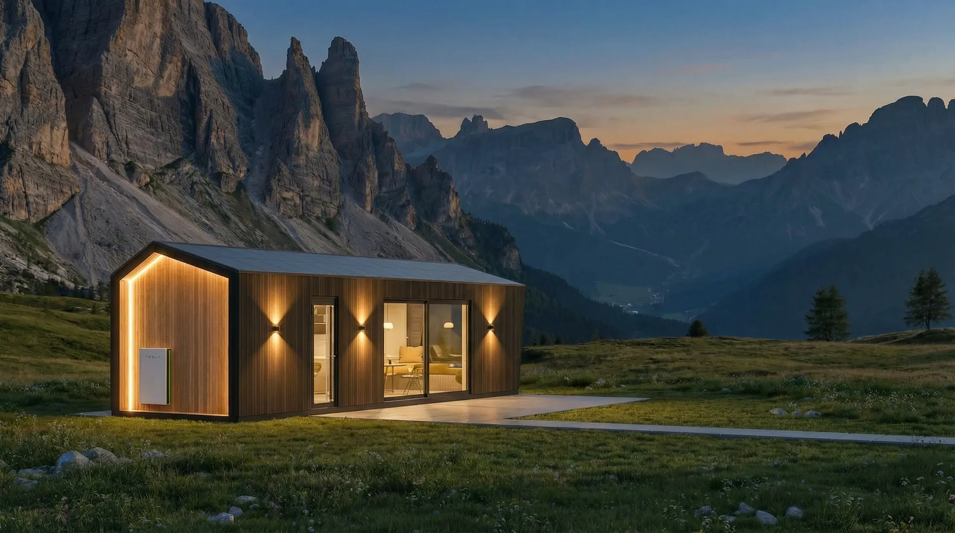 Alpina evening exterior with illuminated interior and mountain view