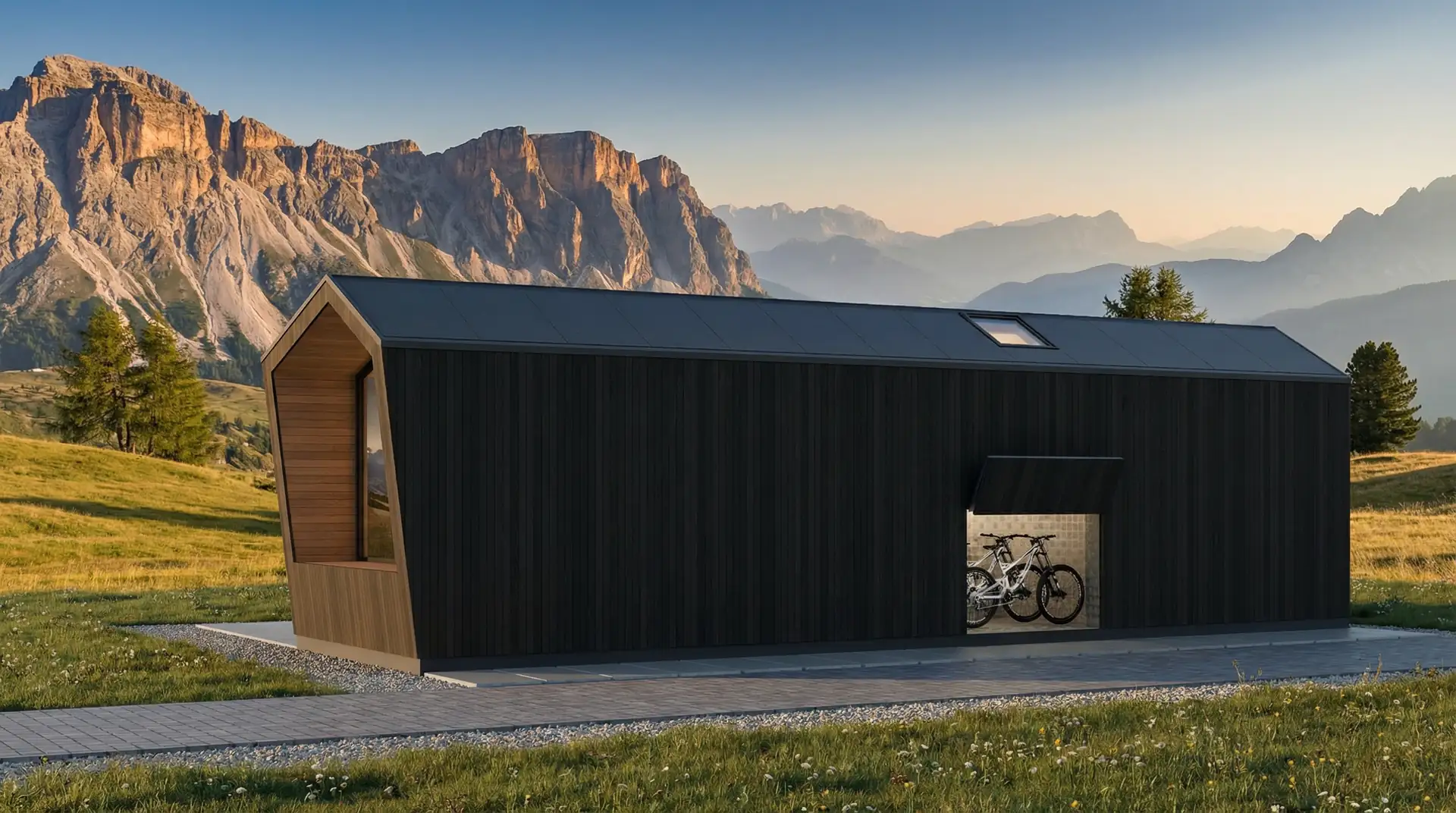 Alpina modular chalet with rear storage for mountain bikes