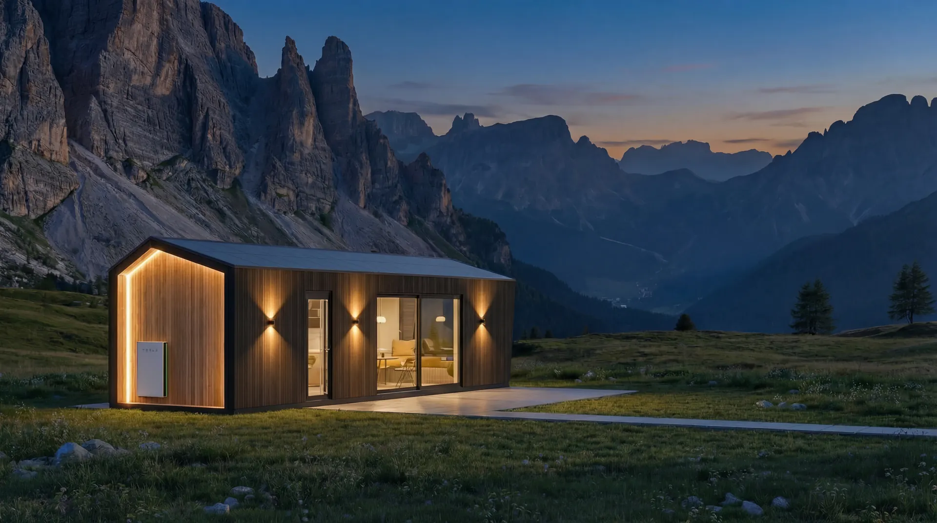 Alpina night exterior with warm lighting and panoramic glazing