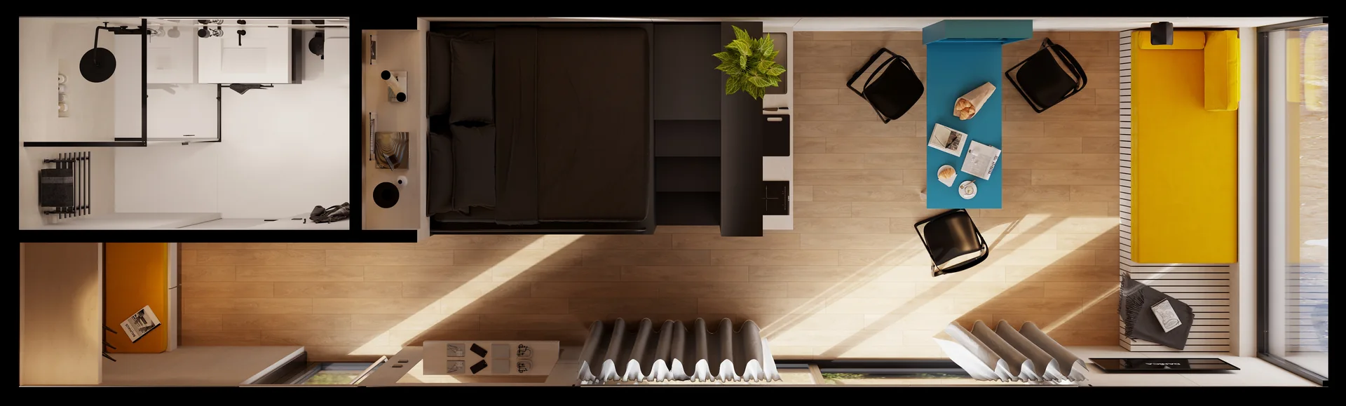 Alpina floor plan 29.11 m2 with bathroom, sleeping area, kitchen and lounge